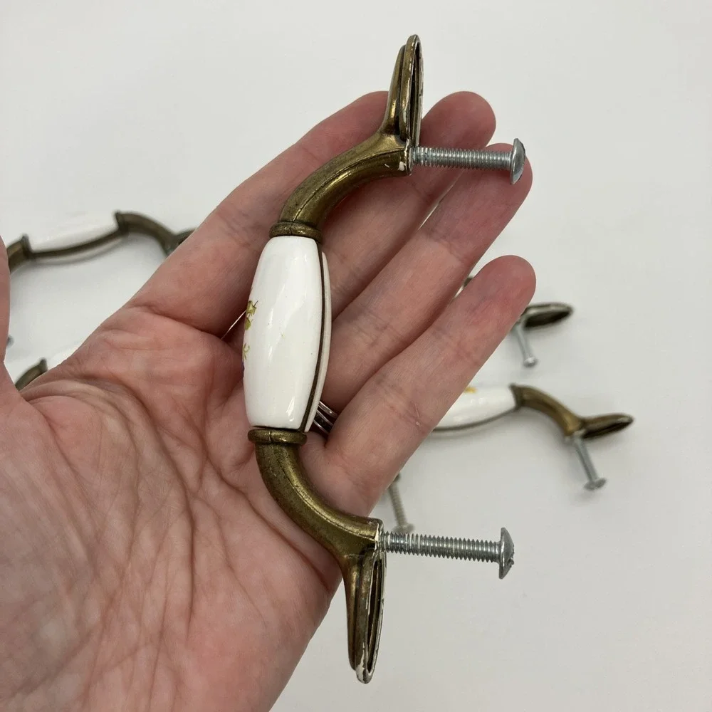 Vtg. 6 Floral Ceramic Drawer Pulls Brass Hardware 3 Inch Center Cottagecore Farm